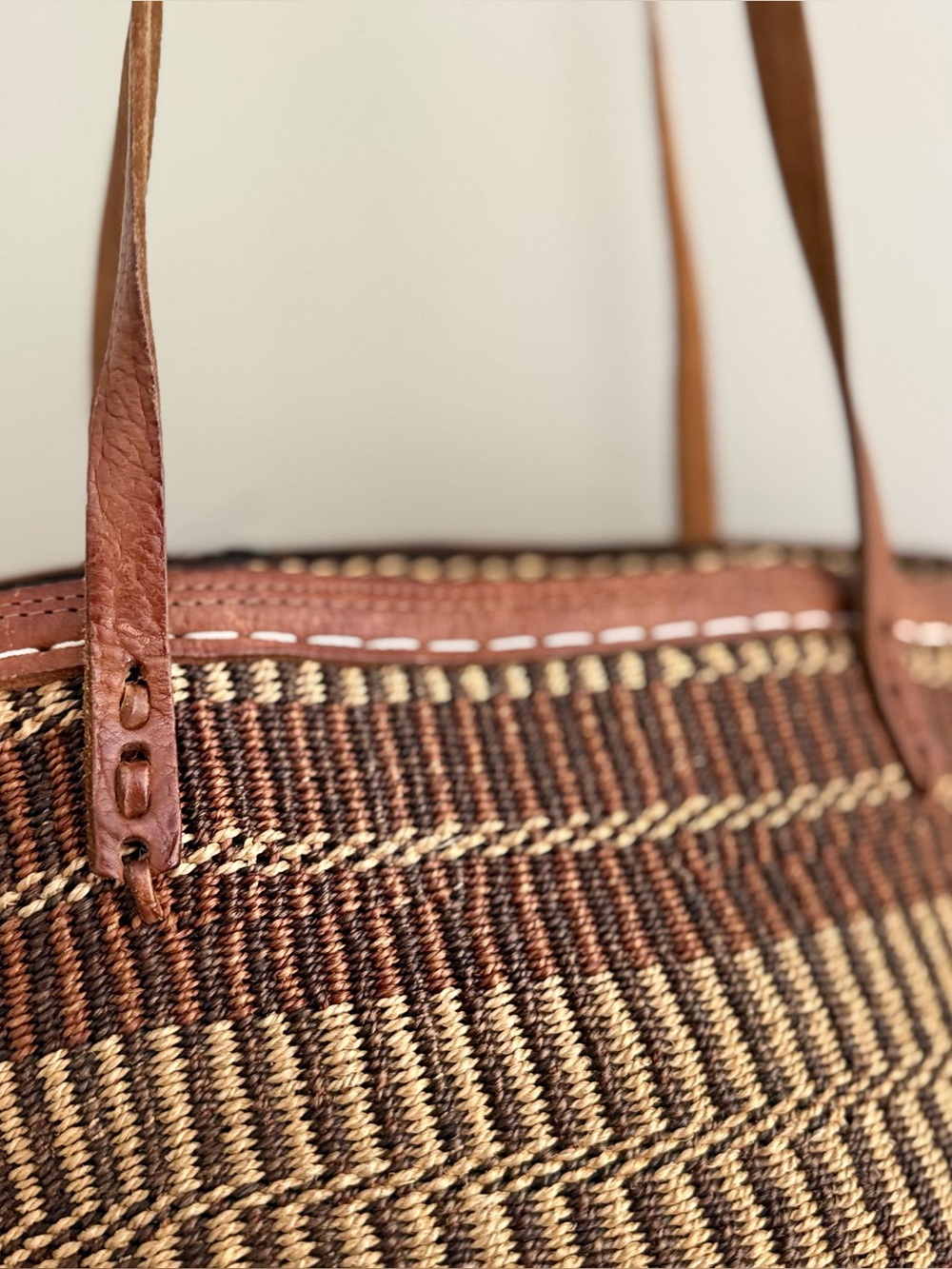 Vintage Sisal Woven Market Large Bag with Brown Leather Straps - Picture 4 of 7